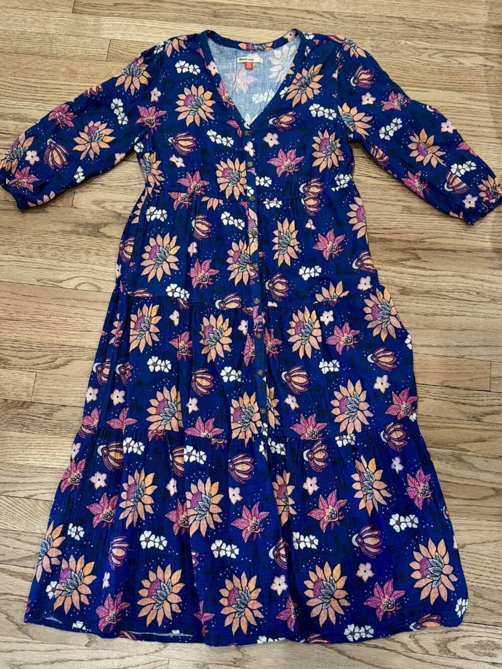 Marine Layer Blue Floral Double Gauze Tiered Button Front Midi Dress L